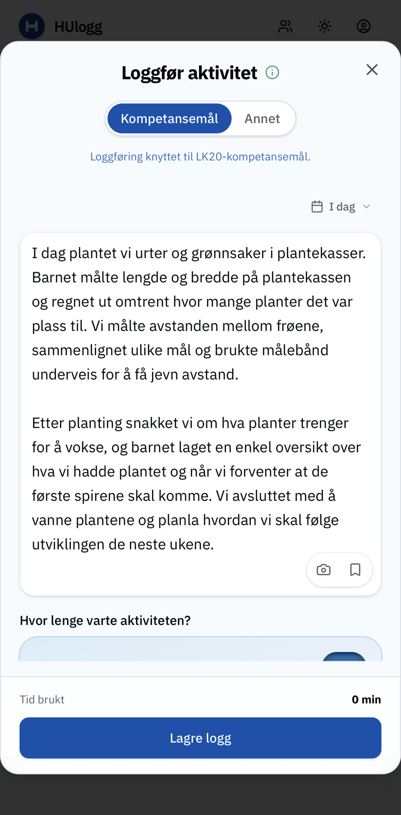 Skriv om aktiviteten barnet gjorde